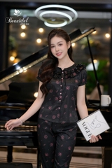 Y653B Lụa vân tay cộc ĐEN chữ love cổ tàu viền bèo