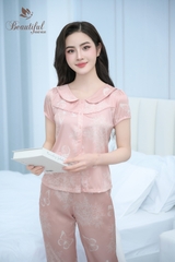 Y669A  Lụa Satin quần lửng HỒNG hoa trà cổ sen