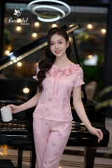 Y653C Lụa Satin tay cộc HỒNG hình nơ cổ tàu viền bèo