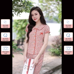 Y657E Lụa Mango tay cộc CAM hoa nhí cổ sen quần dài