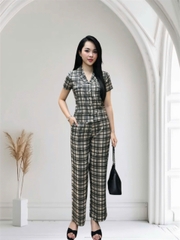 Y727B Lụa Mango quần xuông dài XANH KẺ PJM tay cộc