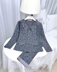 Y621C Đũi dài tay XANH hoa hồng cổ 2 tầng