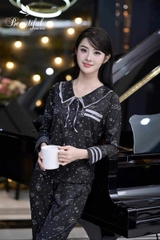 Y583A Lụa Satin tay dài ĐEN cổ 2 tần hình sao