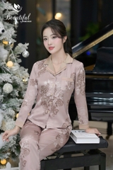 Y607F Lụa satin tay dài NÂU hoa hồng cổ pyjama