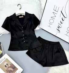 Y739B Lụa Satin quần đùi ĐEN TRƠN cổ PJM