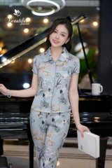 Y658C Lụa satin quần dài XANH con hạc cổ sen vòng sau
