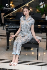 Y658C Lụa satin quần dài XANH con hạc cổ sen vòng sau