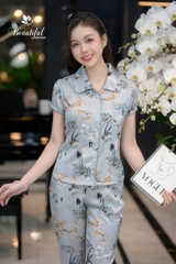 Y658C Lụa satin quần dài XANH con hạc cổ sen vòng sau