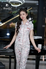 Y658B Lụa Vân quần dài TRẮNG lá hồng cổ sen vòng sau