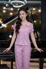 Y659A Lụa Vân quần dài HỒNG TÍM chữ M cổ nẹp viền bèo