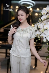 Y653F Lụa Satin tay cộc XANH LÁ hình nơ cổ tàu viền bèo
