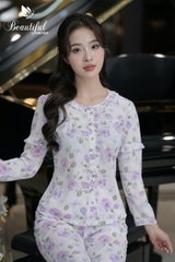 Y605A Lụa tuyết tay dài trắng hoa TÍM cổ tròn bèo ren