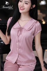 Y26A Lụa Satin dài HỒNG trơn cổ bèo dây buộc