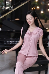 Y26A Lụa Satin dài HỒNG trơn cổ bèo dây buộc