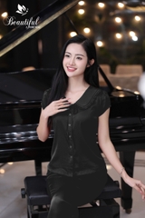 Y26D Lụa Satin dài ĐEN cổ bèo dây buộc