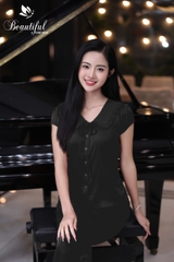 Y26D Lụa Satin dài ĐEN cổ bèo dây buộc