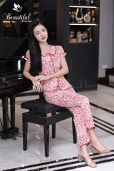 Y657D Lụa Hàn tay cộc ĐỎ hoa nhí cổ sen quần dài