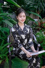 Y664B Lụa vân tay lỡ ĐEN hoa hồng cổ PJM