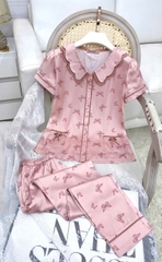Y663B Lụa satin tay cộc HỒNG hồ điệp cổ 2 lớp