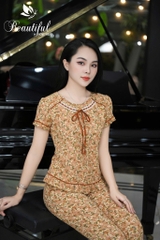 Y665A Lụa Hàn tay cộc VÀNG hoa nâu cổ tròn ren dây buộc