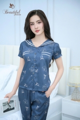 Y684C Lụa vân quần lửng XANH con gấu cổ ren trắng