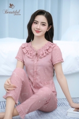 Y653G Lụa Mango quần dài HỒNG chấm sao cổ bèo