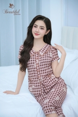 Y679B Lụa Mango Quần lỡ NÂU kẻ đám mây cổ lượn