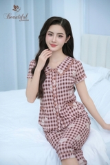 Y679B Lụa Mango Quần lỡ NÂU kẻ đám mây cổ lượn