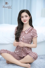 Y679B Lụa Mango Quần lỡ NÂU kẻ đám mây cổ lượn