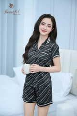 Y683C Lụa satin quần đùi ĐEN sọc chéo PJM