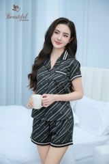 Y683C Lụa satin quần đùi ĐEN sọc chéo PJM