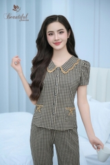 Y685B Lụa Mango tay cộc NÂU kẻ caro cổ 2 tầng