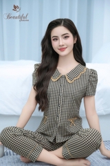 Y685B Lụa Mango tay cộc NÂU kẻ caro cổ 2 tầng