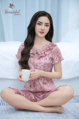 Y673B Lụa satin quần lửng HỒNG cổ nhúm bèo