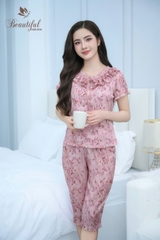 Y673B Lụa satin quần lửng HỒNG cổ nhúm bèo