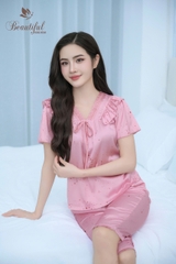Y675B Lụa satin quần lửng HỒNG tim cổ V tết