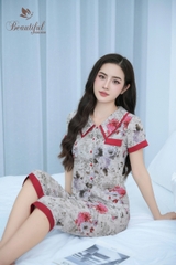 Y672A Lụa Mango quần lỡ GHI hoa đỏ cổ 2 tầng