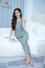 Y676B Lụa Mango quần dài XANH cổ vòng hình 4 lá