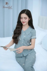 Y676B Lụa Mango quần dài XANH cổ vòng hình 4 lá