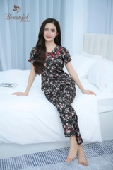 Y678B Lụa satin quần dài XANH hoa hồng cổ 2 tầng