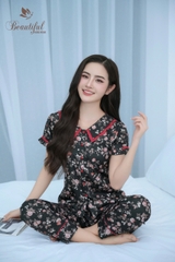 Y678B Lụa satin quần dài XANH hoa hồng cổ 2 tầng