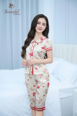 Y695B Lụa satin quần lửng BE tim đỏ cổ sen
