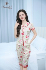 Y695B Lụa satin quần lửng BE tim đỏ cổ sen