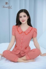 Y685A Lụa Mango tay cộc ĐỎ kẻ caro cổ 2 tầng