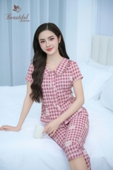 Y679A Lụa Mango Quần lỡ HỒNG kẻ đám mây cổ lượn