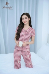 Y679A Lụa Mango Quần lỡ HỒNG kẻ đám mây cổ lượn