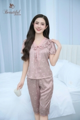 Y675A Lụa satin quần lửng NÂU tim cổ V tết