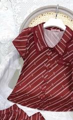 Y668B Lụa satin tay cộc ĐỎ sọc chéo cổ vòng 2 tầng