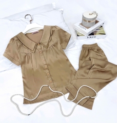 Y686B Lụa satin quần dài NÂU trơn cổ 2 tầng