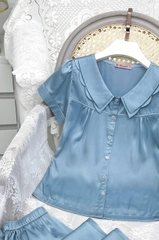 Y686A Lụa satin quần dài XANH trơn cổ 2 tầng